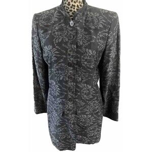 Liz Claiborne Collection Blazer Size 10 Blue Floral SILK LINEN Blend Pockets